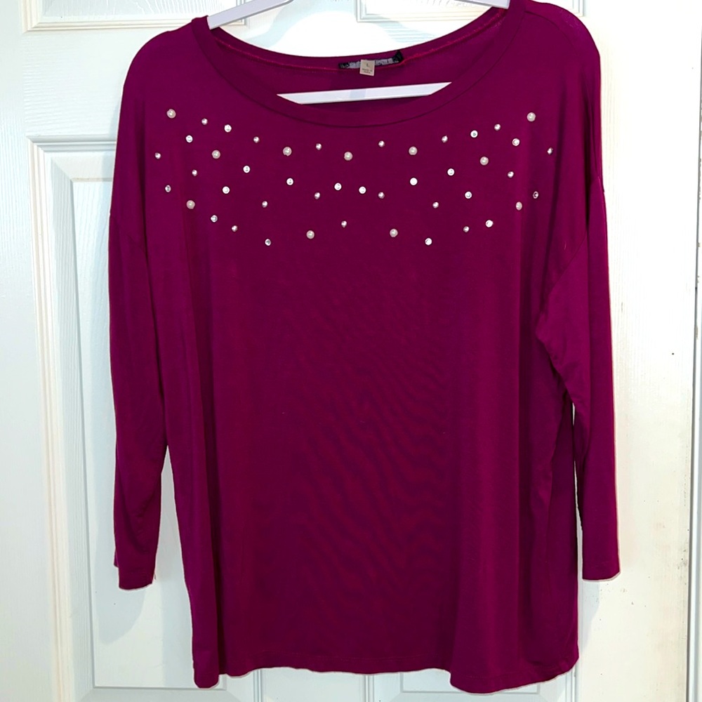 August Silk Purple 3/4 Sleeve Blouse w/ Gems and Pearls Size Large